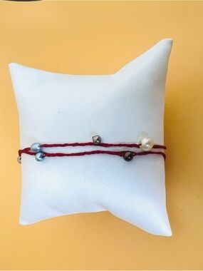 Delicate Red Cord Bracelet with Mixed Pearls